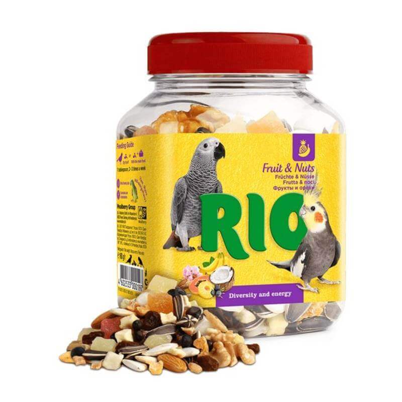 Rio Fruit &amp; Nuts Mix Natural Treat for Birds 160g jar with spilled mix and parrots on label.