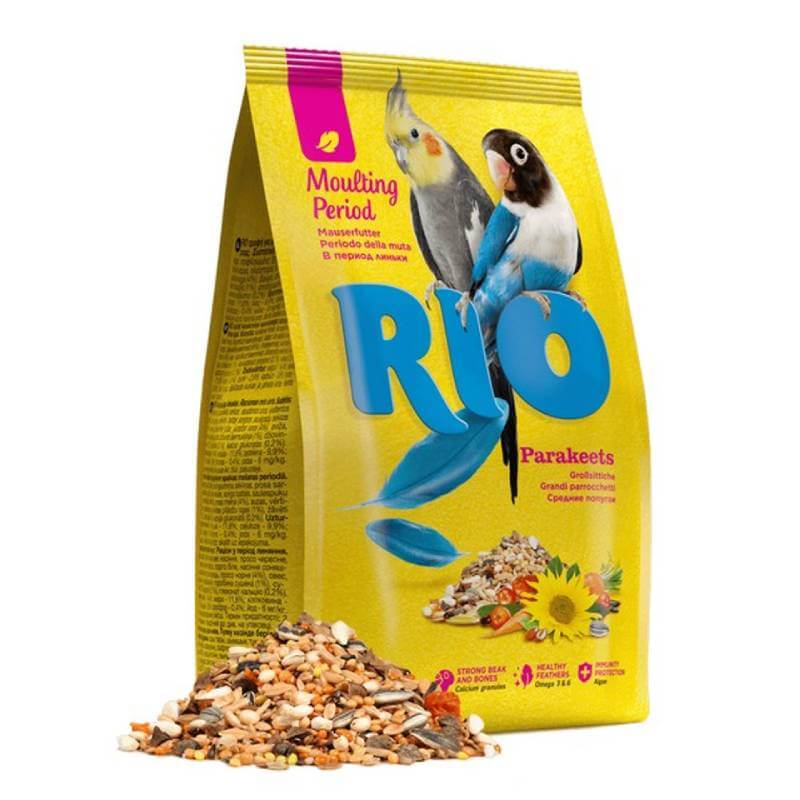 Rio Parakeets Moulting Period Feed 1kg by Rio, showing seeds and two birds on the packaging.