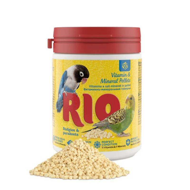 Rio Vitamin &amp; Mineral Pellets for Budgies &amp; Parakeets 120g by Rio, pellets shown in front.