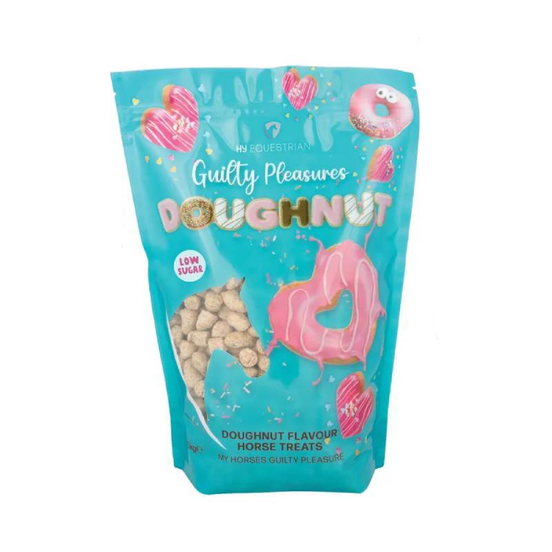 Turquoise bag of Hy Equestrian Guilty Pleasures Doughnut Treats 1.25kg with pink doughnuts.