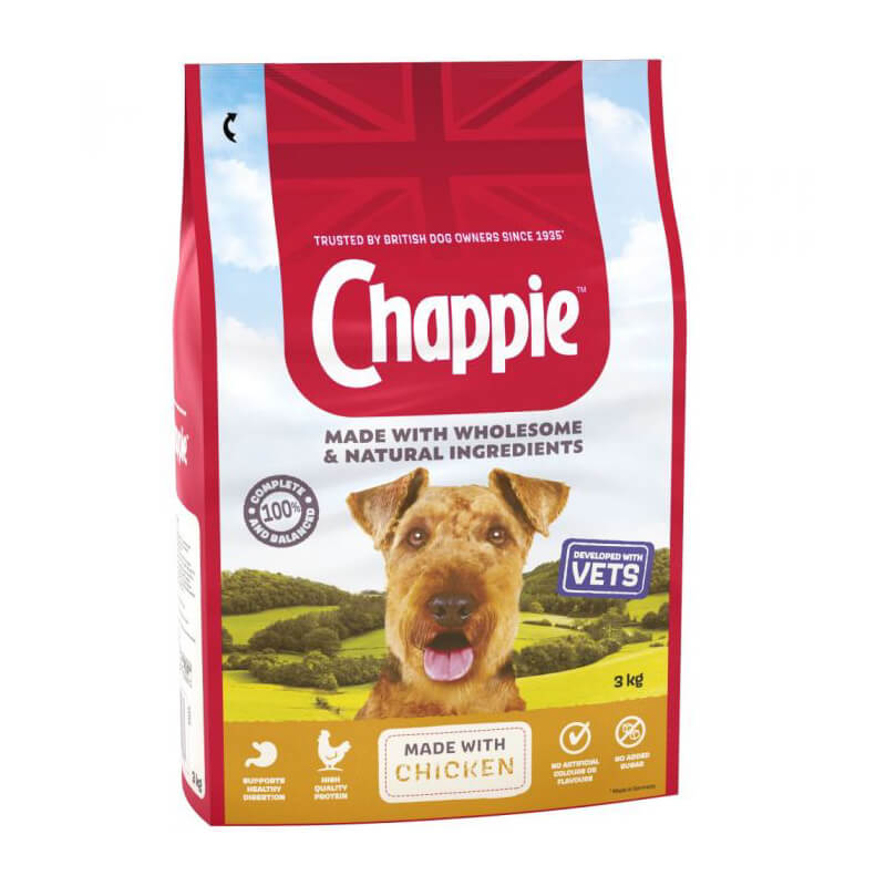 Chappie Complete Dry Dog Food offers balanced nutrition for healthy skin and coat.