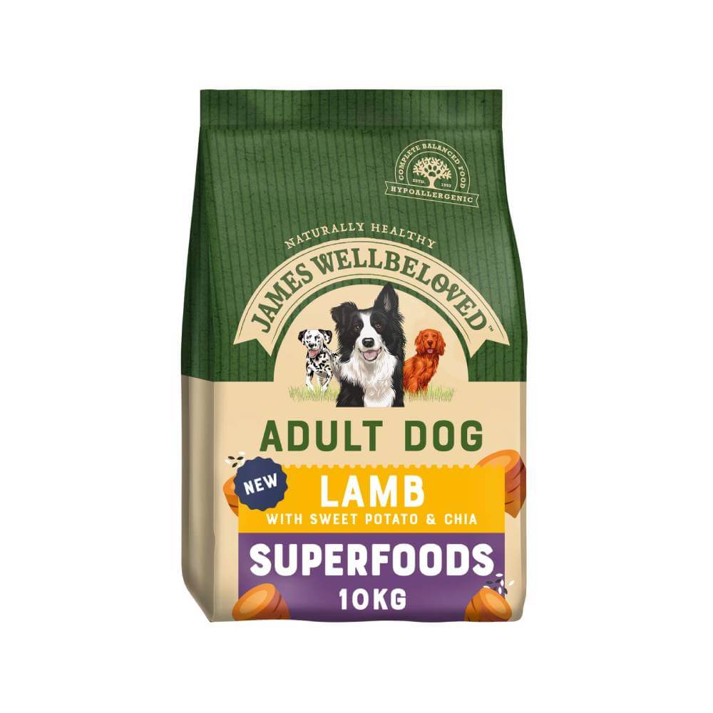 James Wellbeloved Superfoods Adult Lamb with Sweet Potato &amp; Chia 10kg dog food bag.