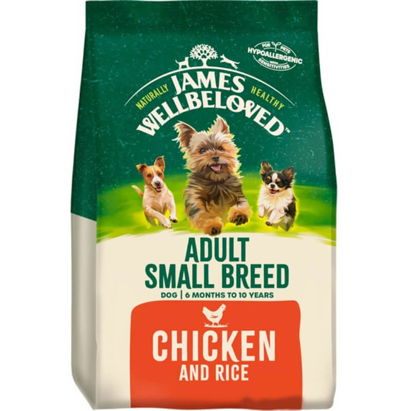 James Wellbeloved Small Breed Adult Chicken &amp; Rice dog food bag with three dogs on pack.