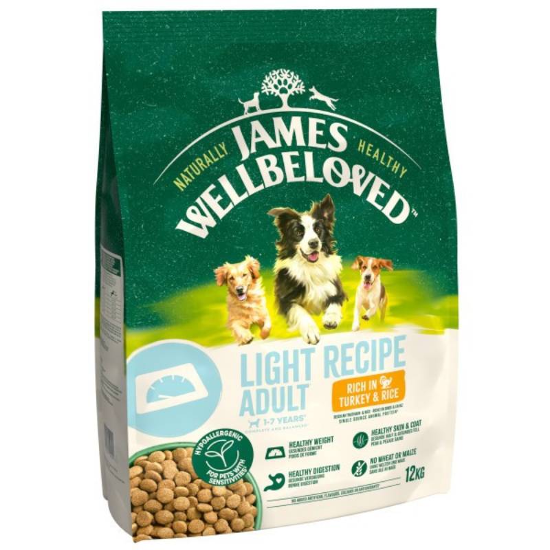 Bag of James Wellbeloved Turkey &amp; Rice Light dog food for adults with three dogs.