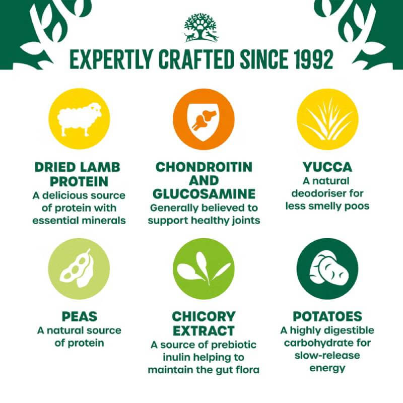 Six icons showcase James Wellbeloved Lamb & Veg Grain Free Senior's benefits for pets since 1992.