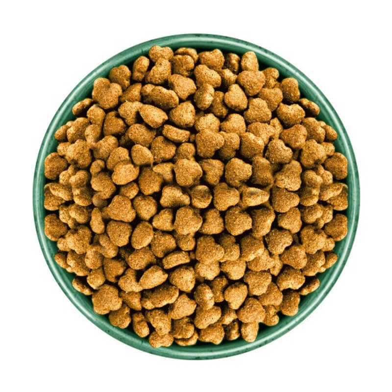 A green bowl of James Wellbeloved Senior Chicken &amp; Rice dry dog food, viewed from above.