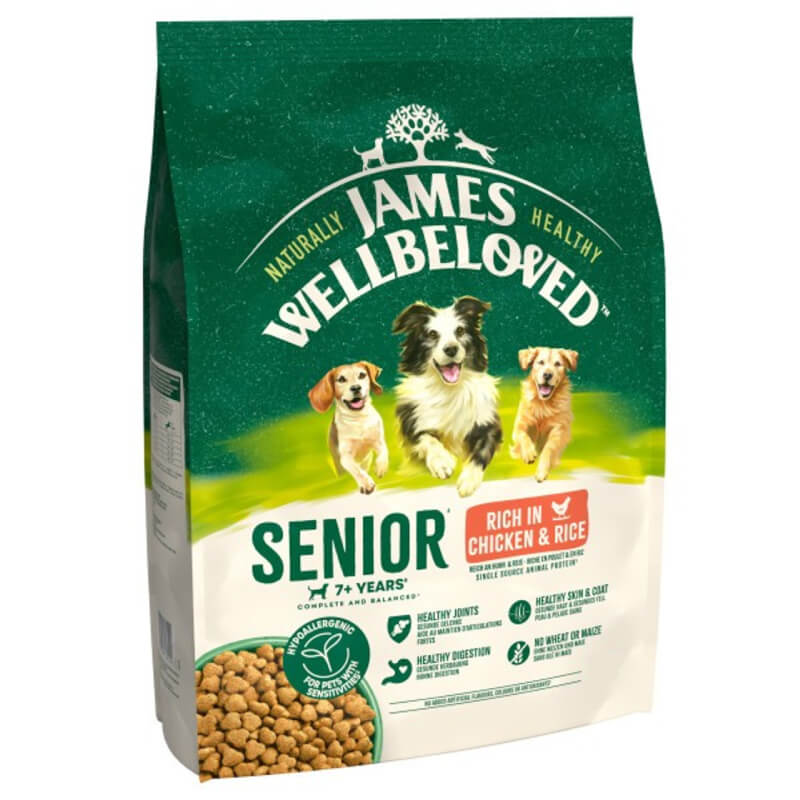 James Wellbeloved Senior Chicken &amp; Rice dry dog food supports healthy joints.