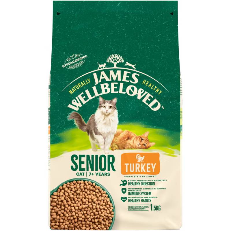 James Wellbeloved Cat Turkey Senior 1.5kg—green and white bag with cat illustrations.