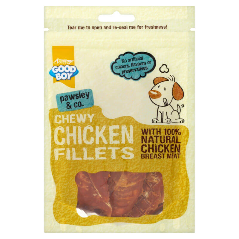 Good Boy Pawsley &amp; Co Chewy Chicken Fillets 80g are natural chicken treats for your dog.