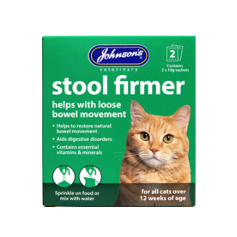 Green box of JVP Stool-Firmer Cat supplement with an orange cat and product details.