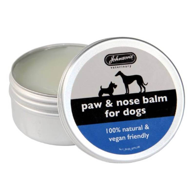 Open 50ml JVP Paw Balm for dogs with blue and white JVP label.