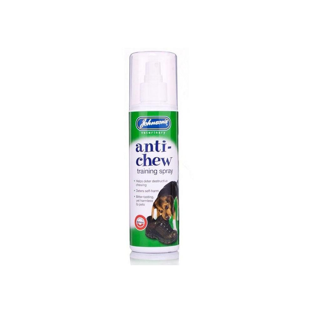 JVP Johnsons Anti Chew Repellent 150ml spray bottle features a dog chewing a shoe on the label.