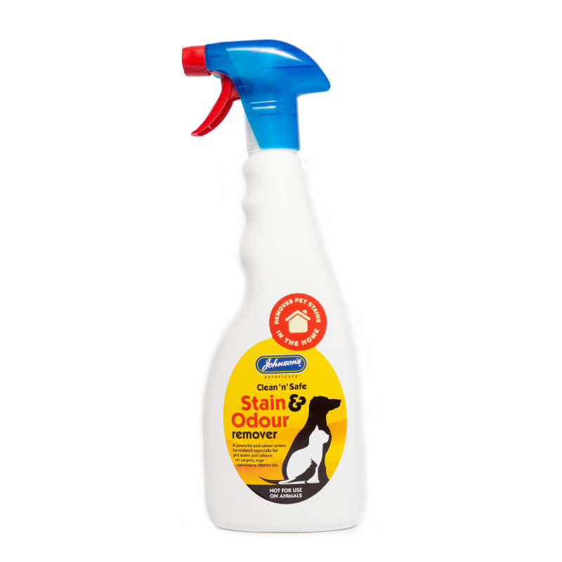White spray bottle of JVP Clean N Safe Stain &amp; Odour Remover 500ml, dog silhouette on label.
