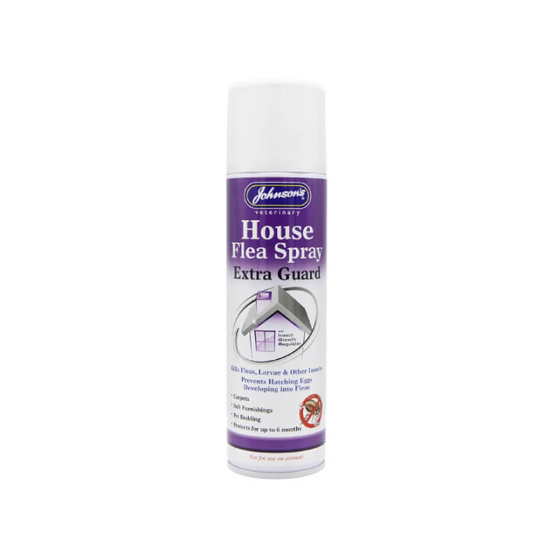 JVP Veterinary House Flea Spray Extra Guard 250ml for pet bedding, purple and white label.
