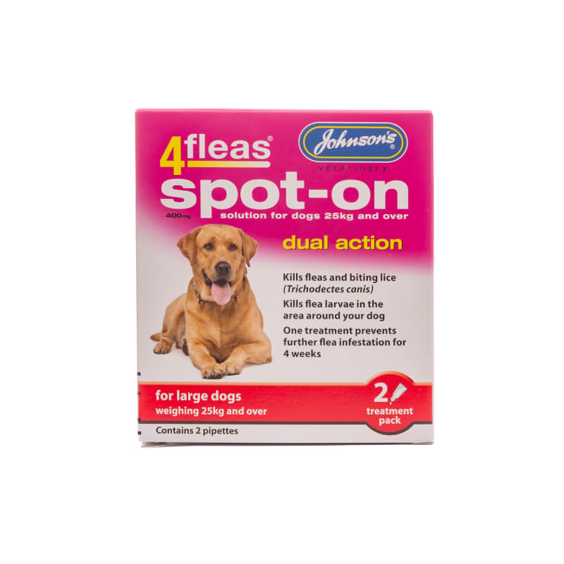 JVP Jvp 4Fleas Spot On Large Dogs, fast flea killer, box features a yellow dog.