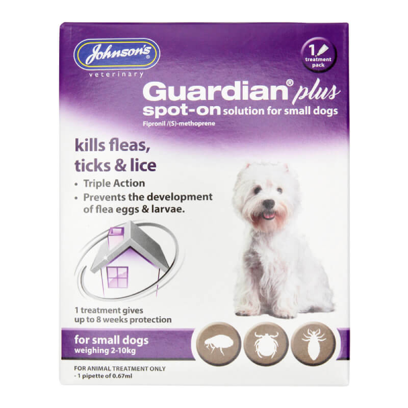 JVP Guardian Plus Spot-On Solution, flea treatment for dogs under 10kg, purple box.