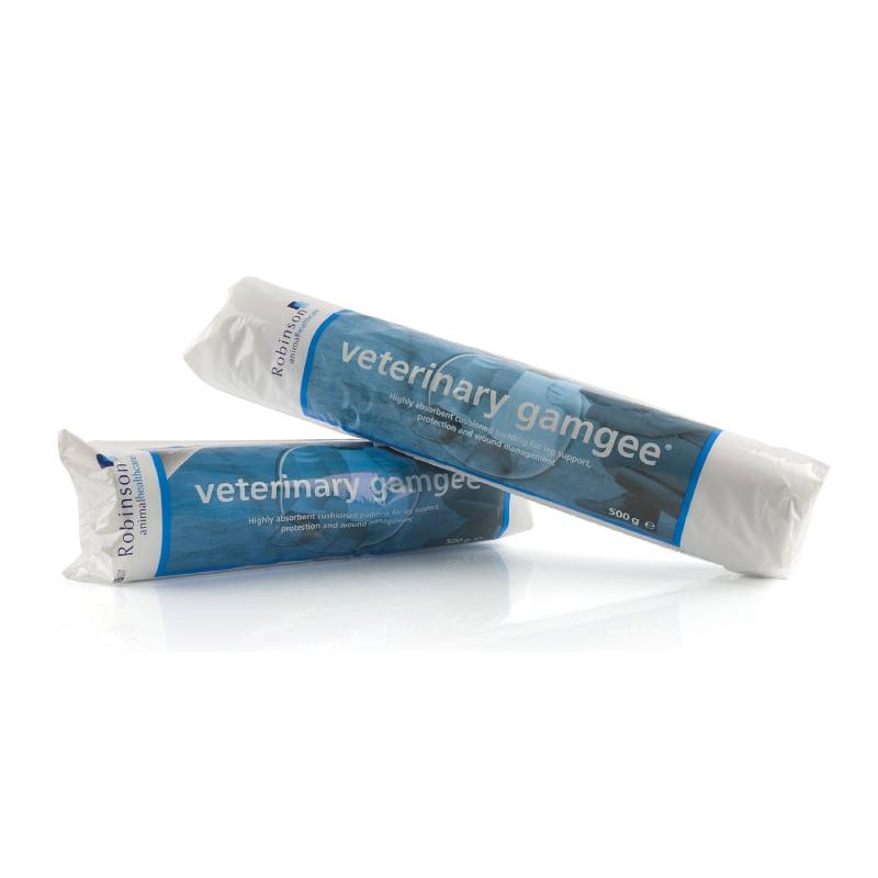 Robinson Veterinary Gamgee 30cm x 50g cotton wool rolls for wound care in blue &amp; white packs.
