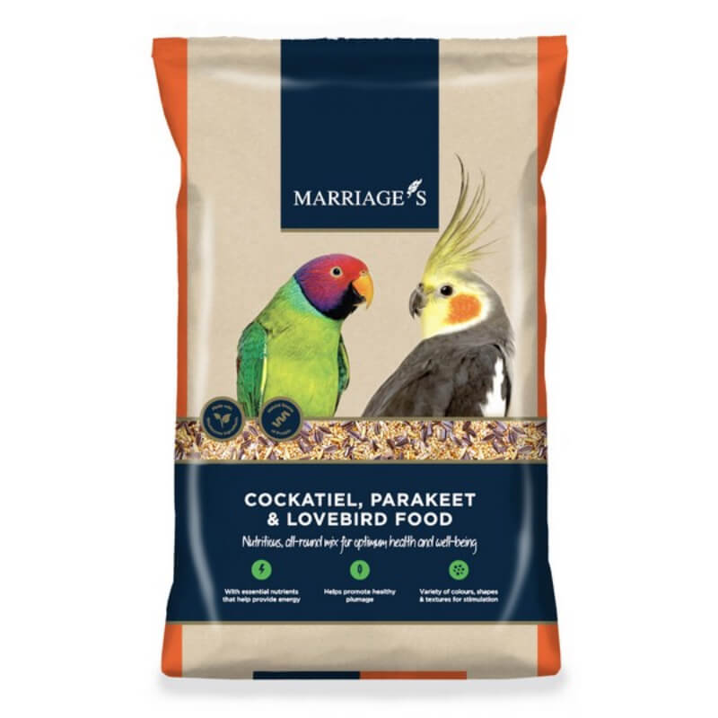 Marriages Cockatiel Parakeet Lovebird Food features two colorful birds on the front.