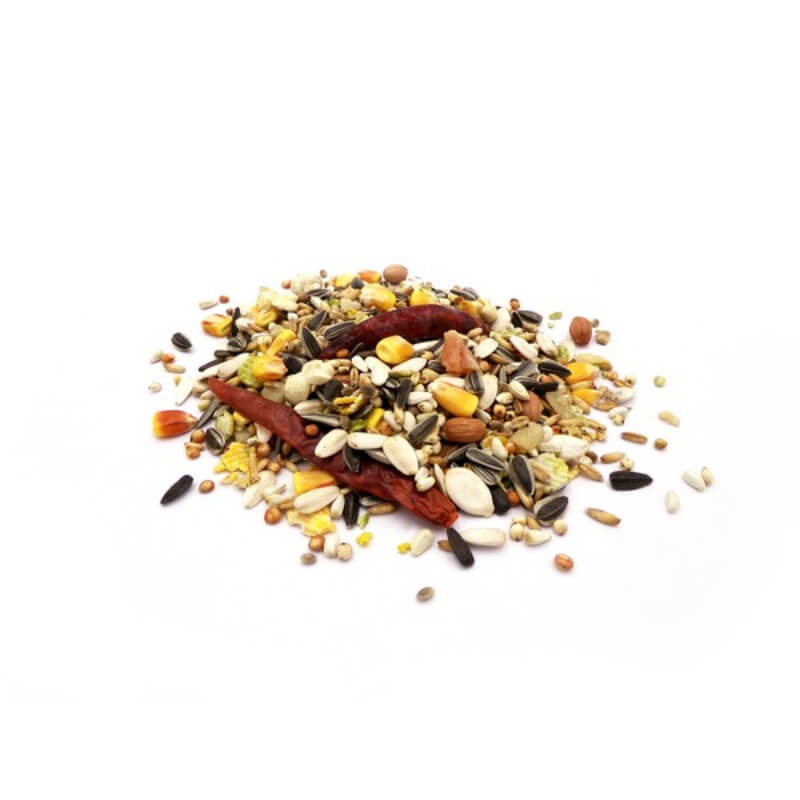 Marriages Parrot Picnic Food 12.55kg, a mix of seeds and dried chili peppers, on white background.