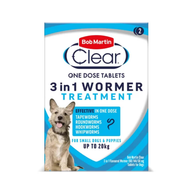 Bob Martin BM Clear 3 in 1 Wormer for Dogs 3kg-20kg, 2 tablets per box.