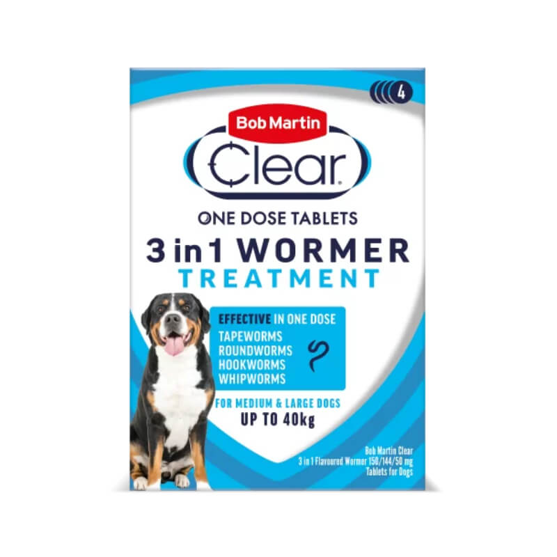 Bob Martin BM Clear 3 in 1 Wormer for Dogs 3-40kg, 4 tablets per box.