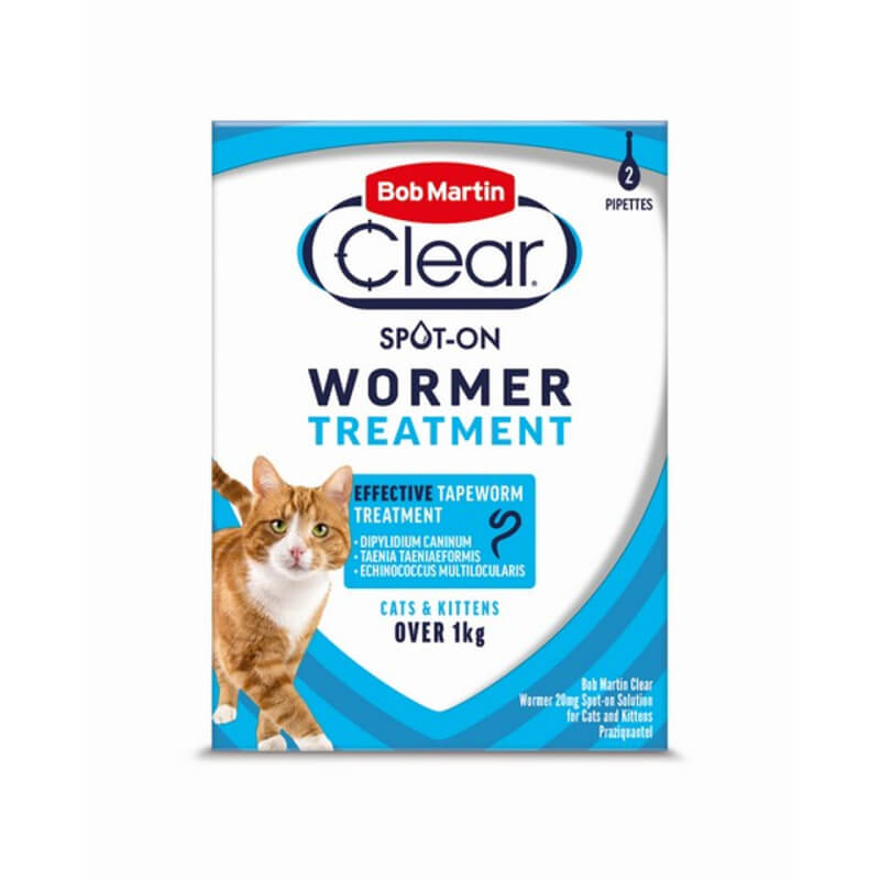 Bob Martin BM Clear Spot On Wormer for cats over 1kg, 2 tubes, tapeworm treatment.