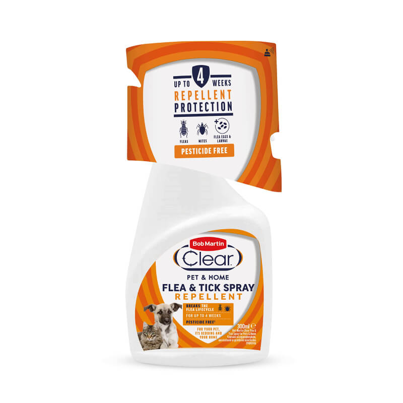 Bob Martin BM Clear Pesticide Free Flea Spray Cats &amp; Home 300ml, orange/white label.