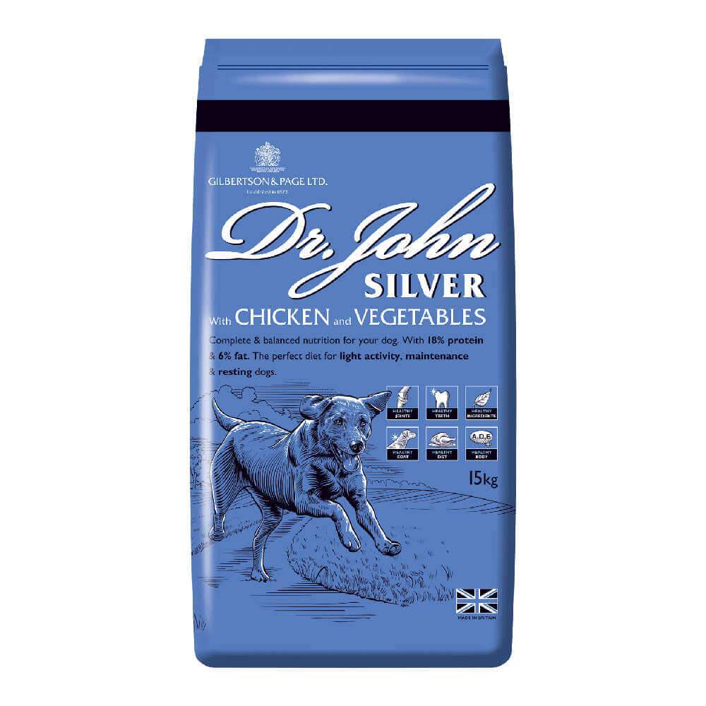 Dr John Silver dog food, 15kg—ideal maintenance diet for dogs. Brand: Dr John.