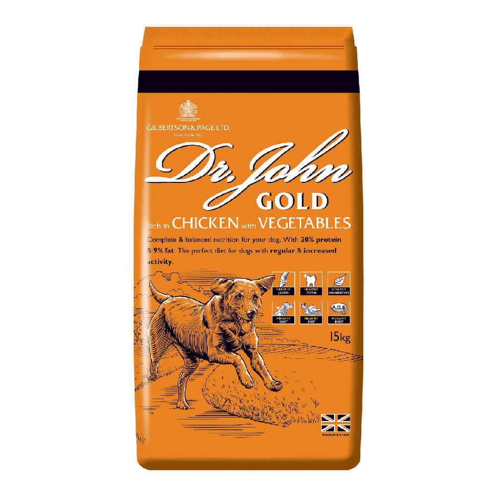 Dr John Gold 15kg high protein dog food with chicken for sporting &amp; working adult dogs.