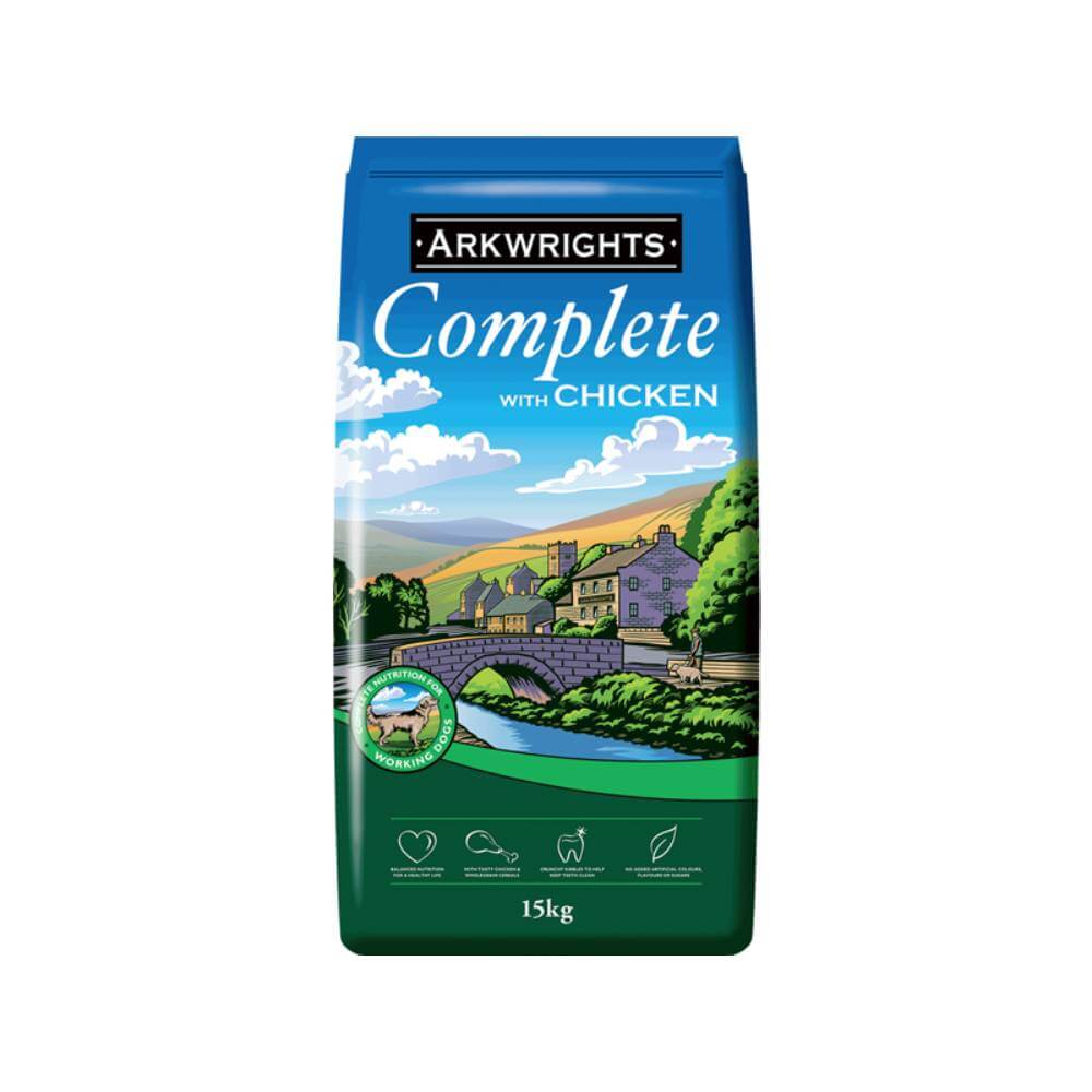 Arkwrights Chicken 15kg dog food with countryside illustration on bag.