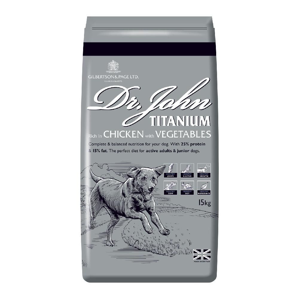 Dr John Titanium 15kg chicken dog food with vegetables; running dog image on pack.