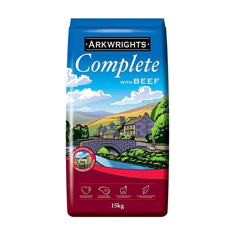 Arkwrights Beef 15kg dog food for adults, with countryside-themed packaging.