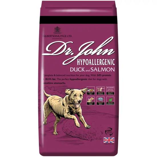 Dr John Hypoallergenic Duck &amp; Salmon 12.5kg dog food, for sensitive stomachs, with dog image.