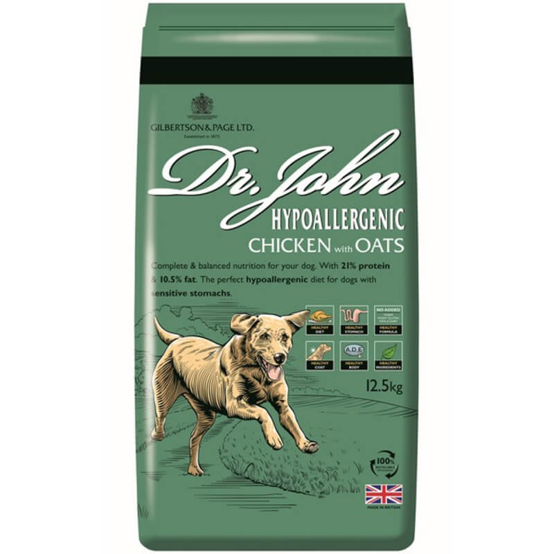 Dr John Hypoallergenic Chicken &amp; Oats 12.5kg dog food for sensitive stomachs, green bag.