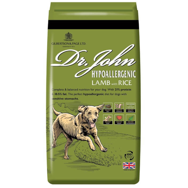 Dr John Hypoallergenic Lamb with Rice 12.5kg dry food, shown in green bag with running dog.