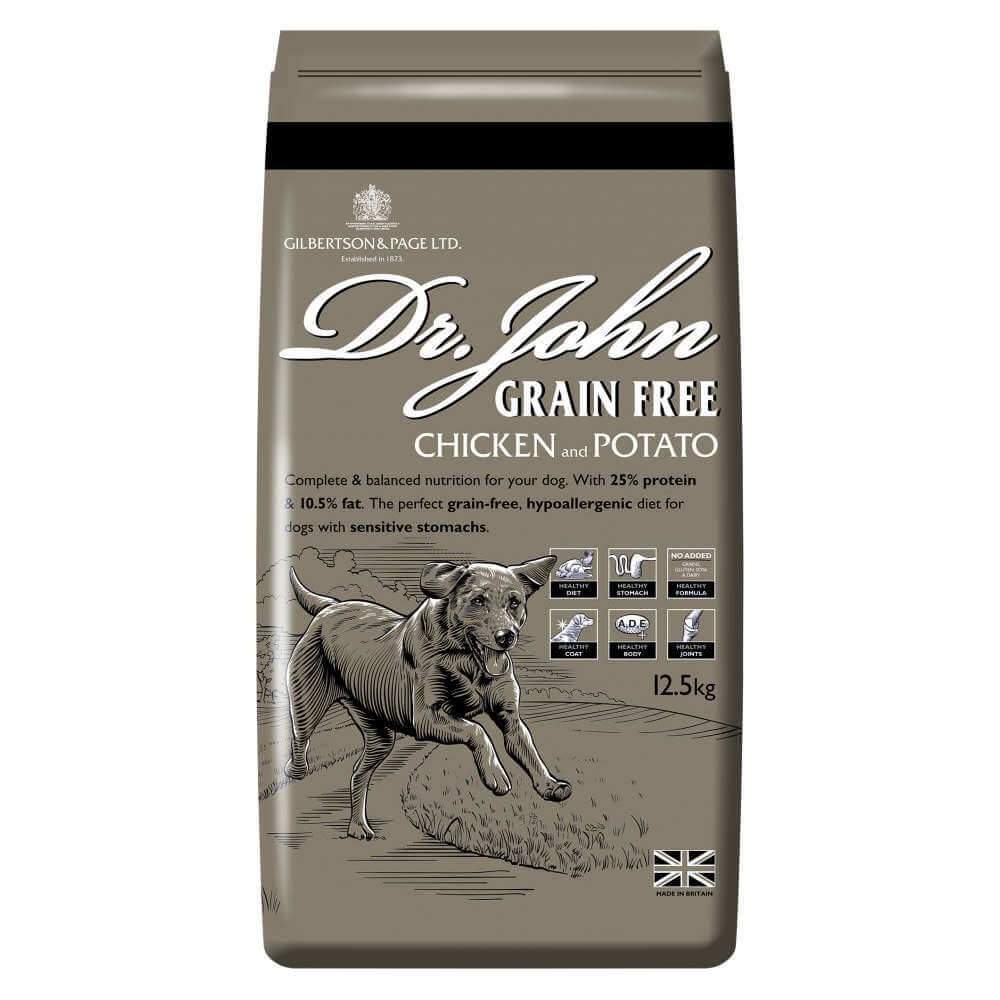 Dr John Grain Free Chicken &amp; Potato 12.5kg dog food with chicken, potato, and a dog illustration.