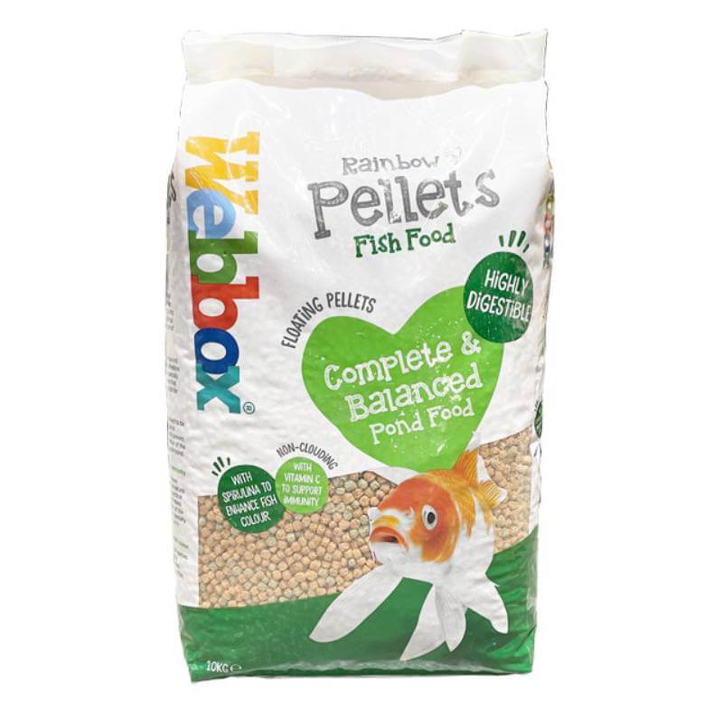 Webbox Rainbow Mixed Pond Pellets 10kg with colorful pond fish pictured on the front.