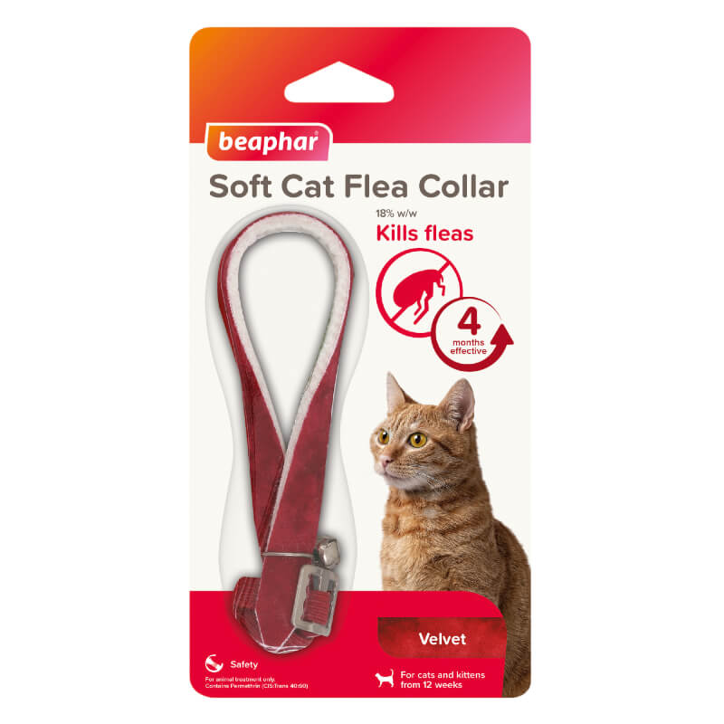 Beaphar Cat Flea Collar Velour Assorted, UK authorised veterinary medicine with red collar.