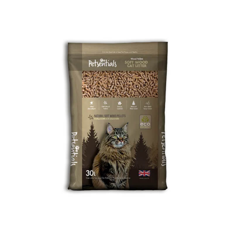 Petsentials Wood Based Cat Litter 30Ltr with cat and wood pellet litter shown.