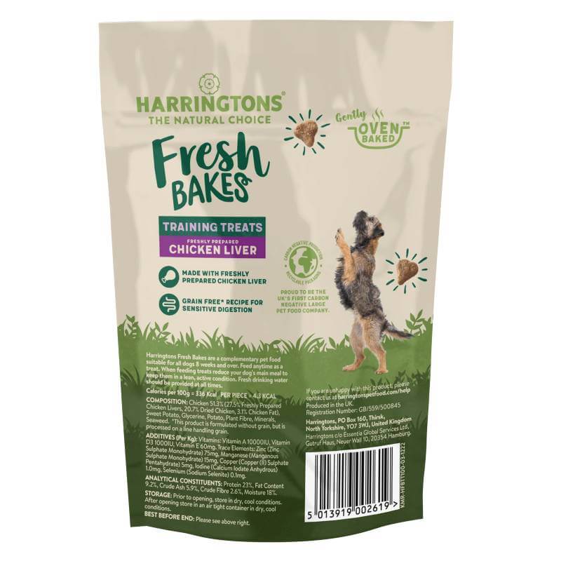 Harringtons Fresh Bakes Training Treats 100g dog pouch, grain-free chicken liver flavor.