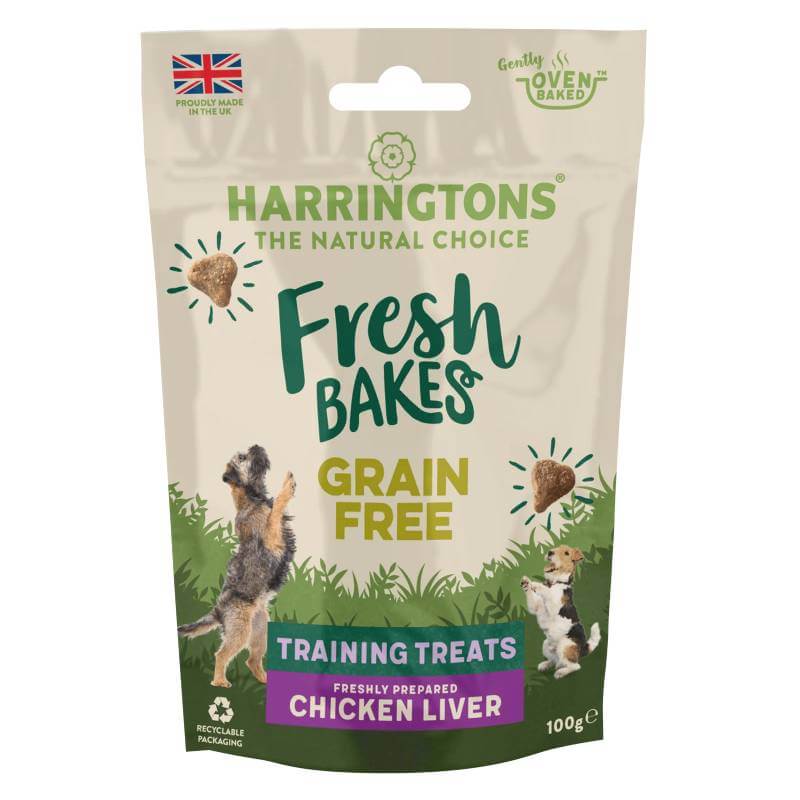 Harringtons Fresh Bakes Training Treats 100g dog pouch, grain-free chicken liver flavor.