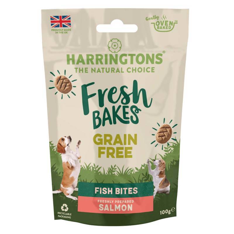 Harringtons Fresh Bakes Salmon Fish Bites, 100g pouch, grain-free dog treats.