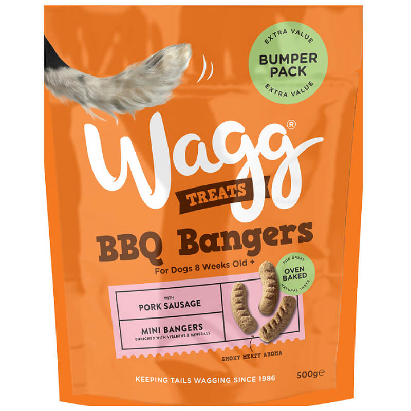 Wagg BBQ Bangers Treats Bumper Pack 500g in an orange bag with paw and sausage on front.