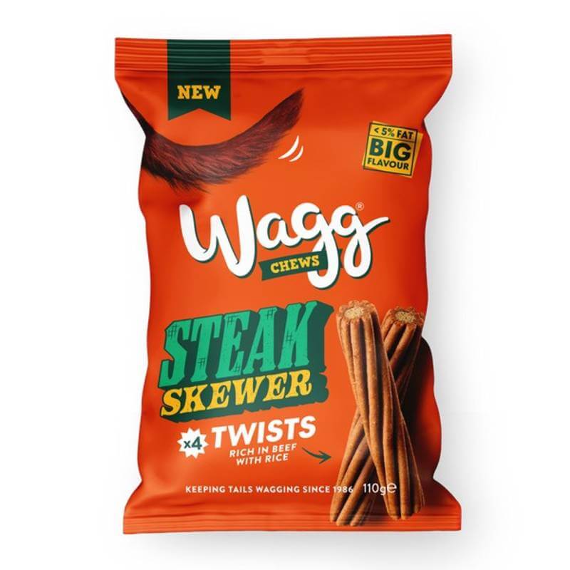 Wagg Chews Steak Skewer Twists 110g beef dog treats in orange packaging.
