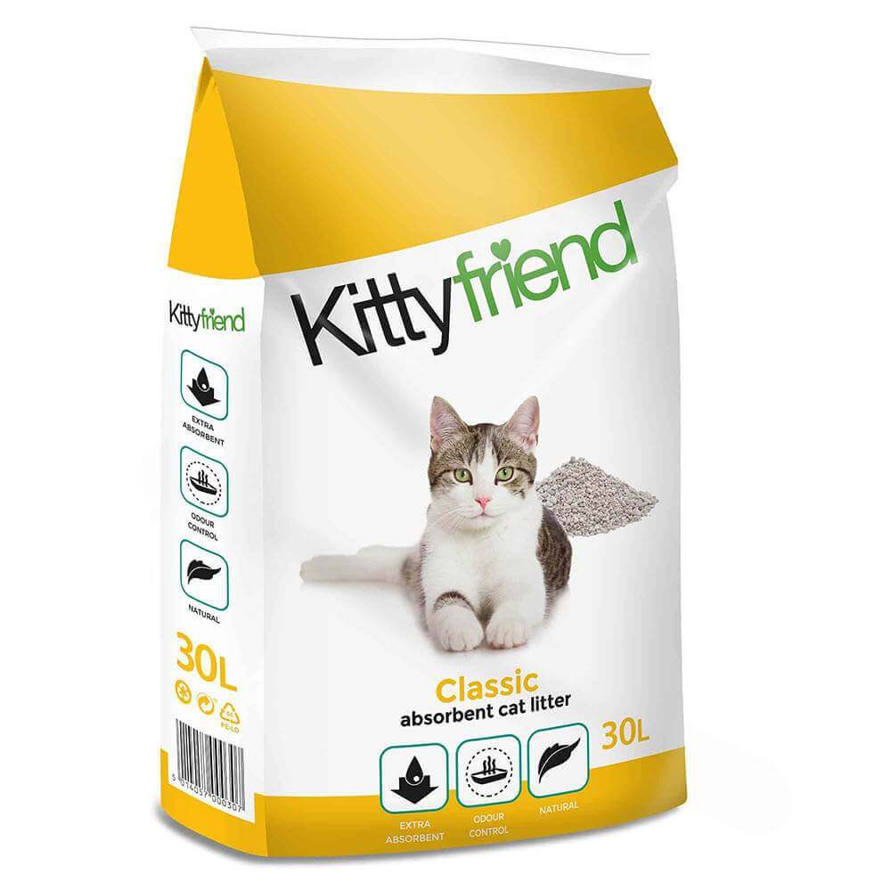 KittyFriend Original Cat Litter 30Ltr with odour control and a cat photo on the packaging.