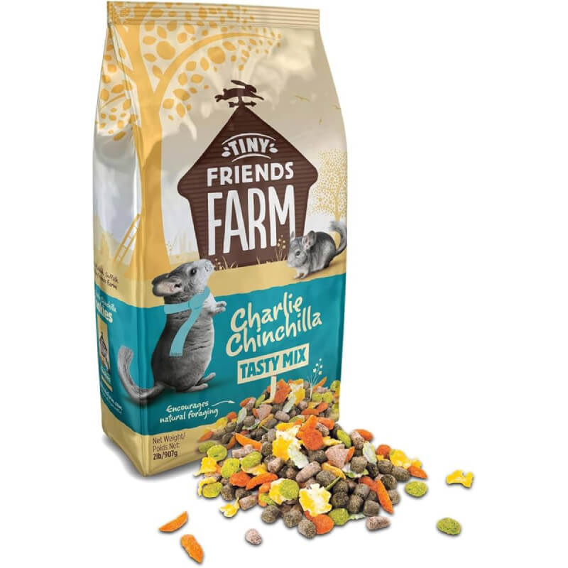 Supreme Petfoods Charlie Chinchilla, a high fibre food, with some spilled in front.