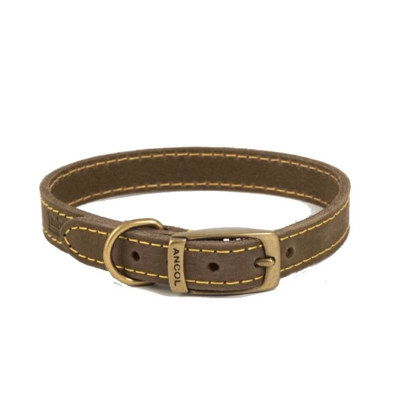 Ancol Timberwolf Leather Collar Sable: UK-made top-grain leather with yellow stitching and brass buckle.