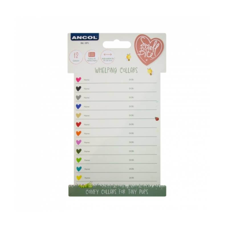 Ancol Soft Rope Whelping Collars, 12 pack puppy ID chart with colored hearts.
