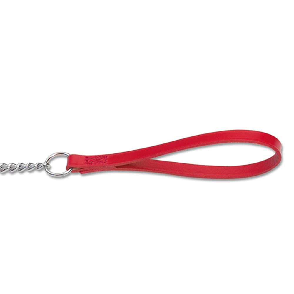 Ancol Fine Chain Lead: red bridle leather loop handle, chrome chain, on white background.