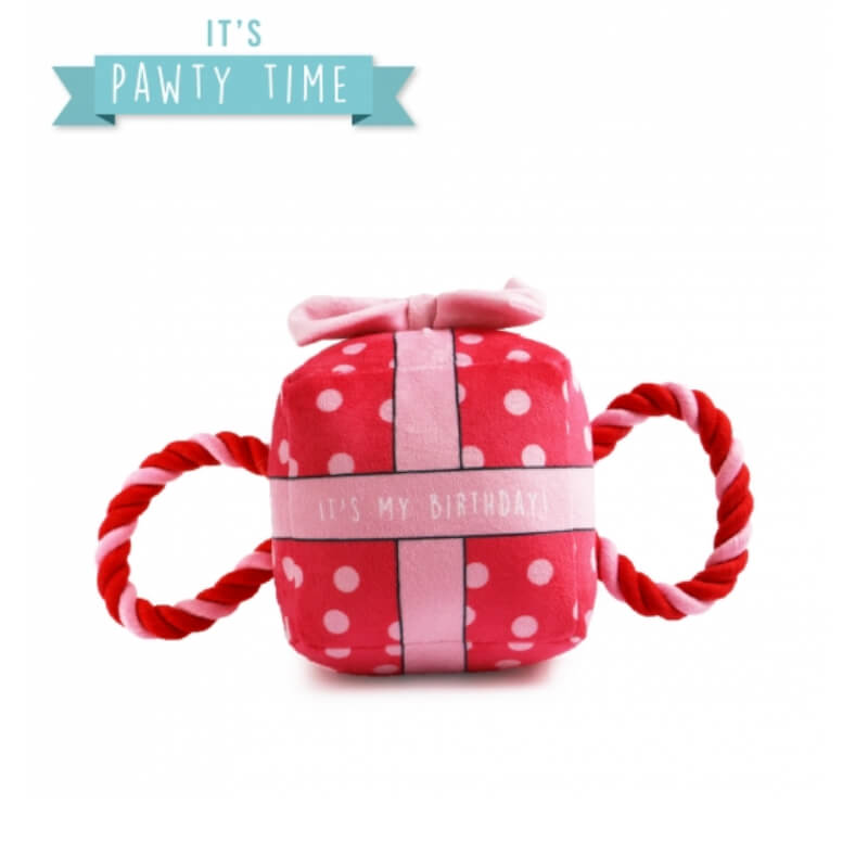Ancol Its My Birthday Present Small Pink—fun tug toy for small dogs with rope handles and dots.